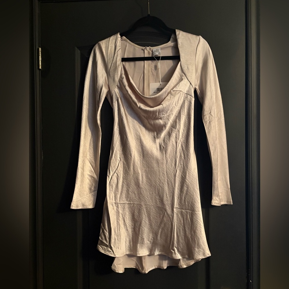 Champagne Long Sleeve Cowl Neck Satin Dress